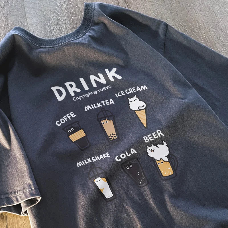 Women's Korean Drink Cat Letter Print Loose Short Sleeve T-Shirt Summer Soft Comfort Shirt