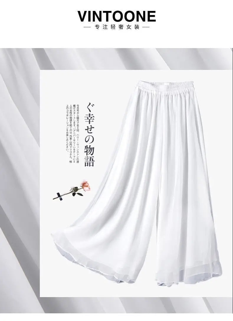 Fashion Woman Casual Chiffon Wide Leg Pants Big Size Loose Solid White Elastic Band High Waist Female Clothing Oversize Trousers