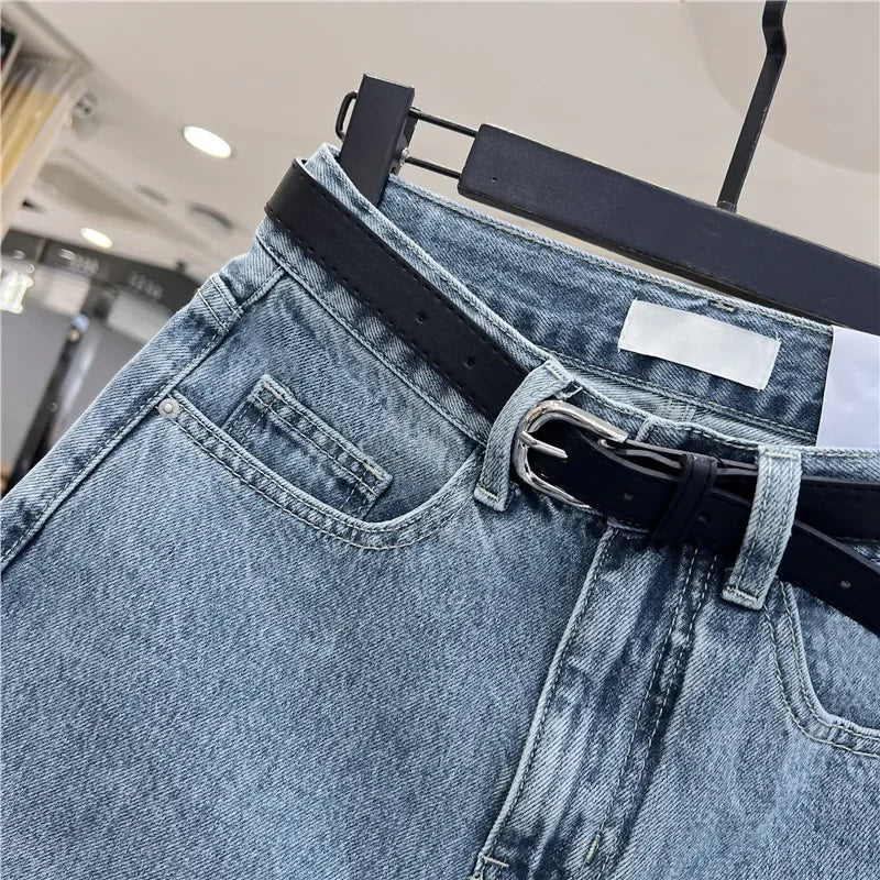 High-waisted Loose-fit Women's Jeans Slimming Style Casual A- line Trousers Ruffled Edges Lightweight Heat Pants