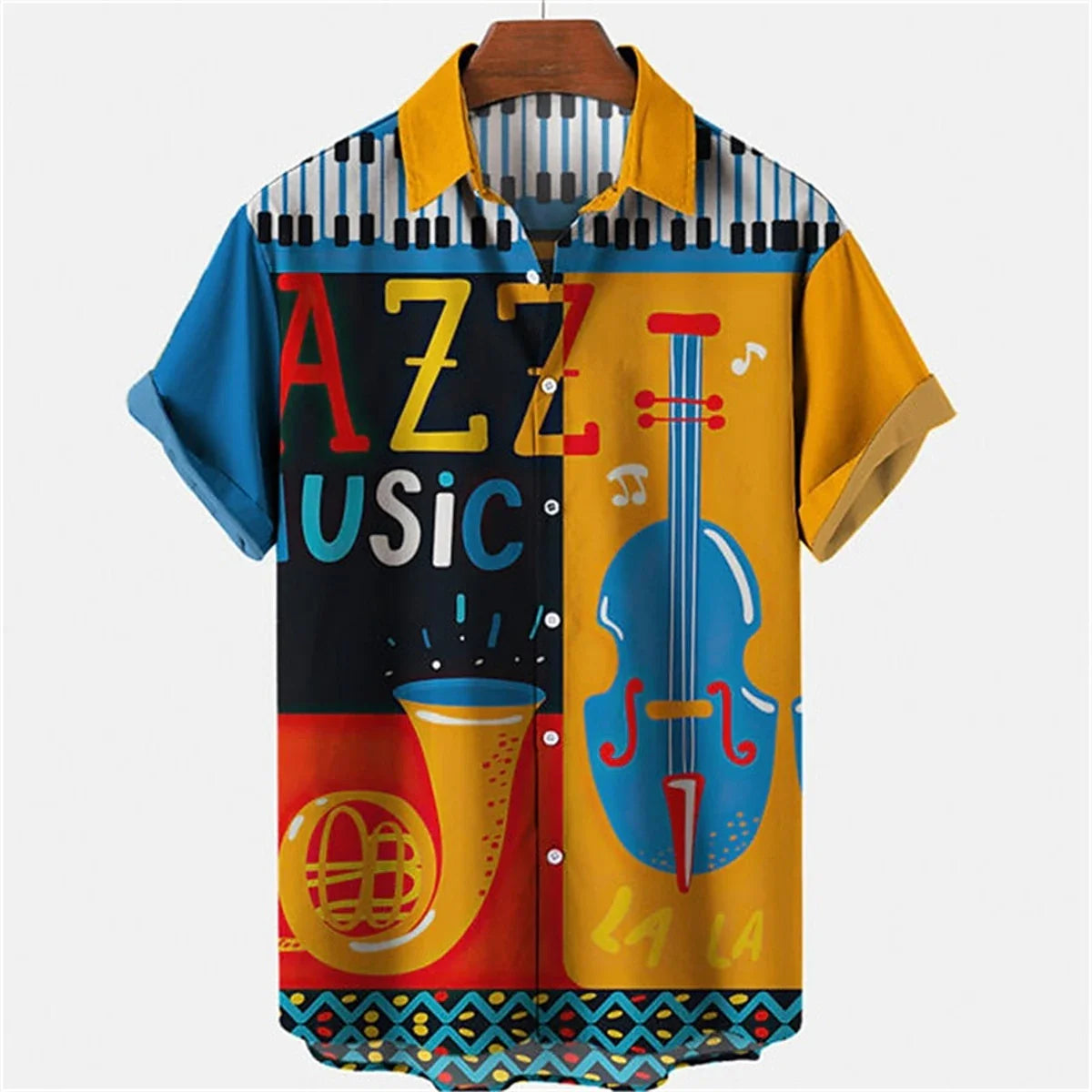 Hawaiian men's short-sleeved shirt dark gold musical instrument print lapel casual top loose large size