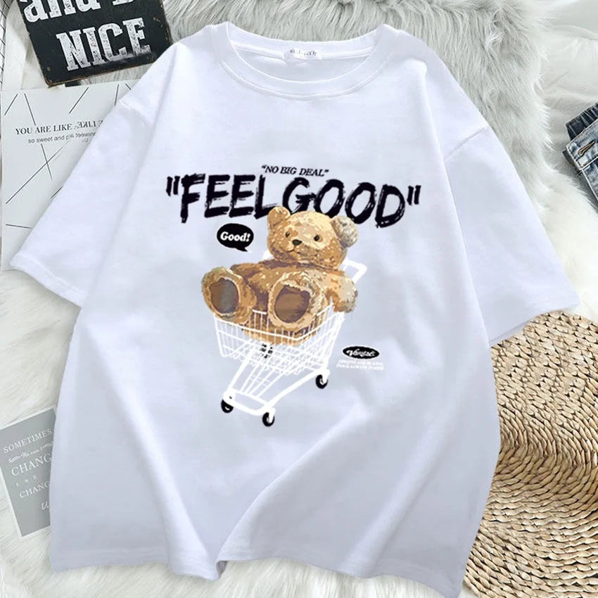 Cartoon Bear Short Sleeve T-shirt Women Loose Top Fashion Korean Style Tee
