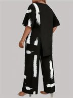 Womens Plus Size Brush Print Elegance Short Sleeve Round Neck Split Top & Matching Pants 2 Piece Outfit Set