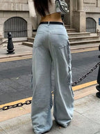 Women Harajuku Y2K Streetwear Jeans American Style Retro Multi-Pocket Straight Cargo Pants Trend Mid-waist Casual Blue Trousers