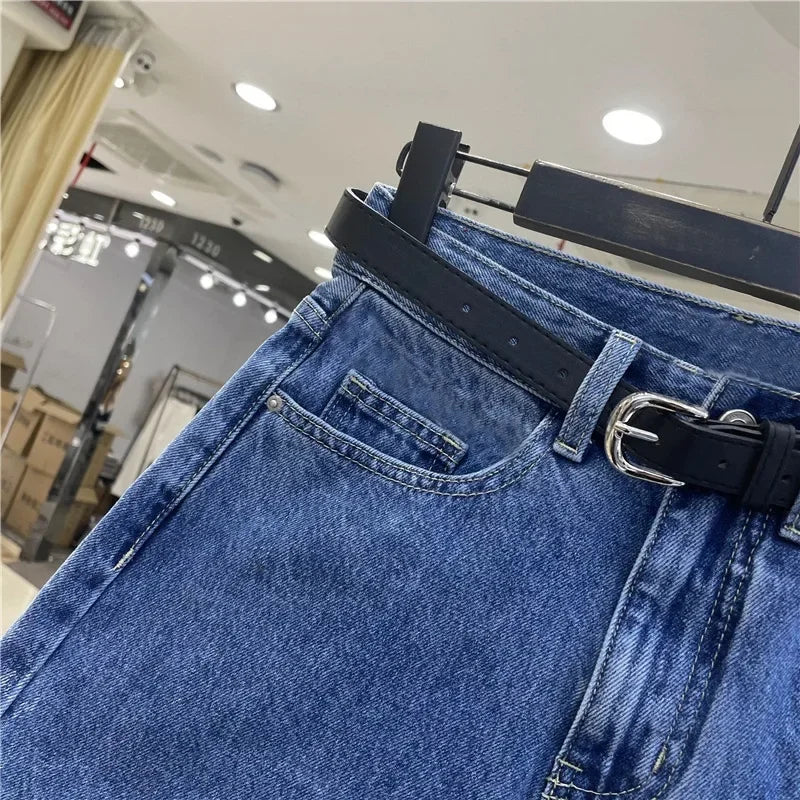 High-waisted Loose-fit Women's Jeans Slimming Style Casual A- line Trousers Ruffled Edges Lightweight Heat Pants