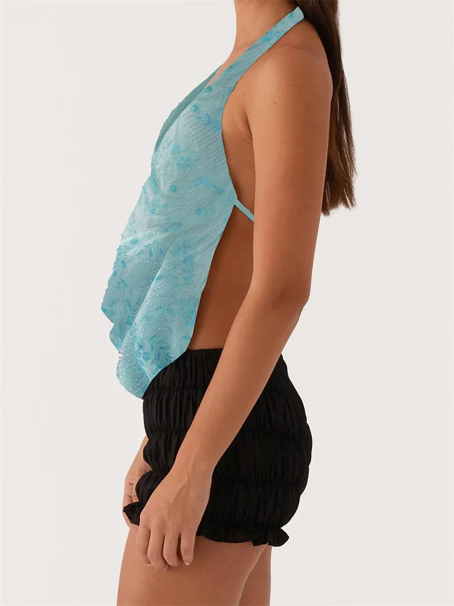 Elegant  Sequins Patchwork Women Halter Tops Summer Beaded Floral Pattern Backless Shirts Vest for Streetwear Aesthetic  Clothes