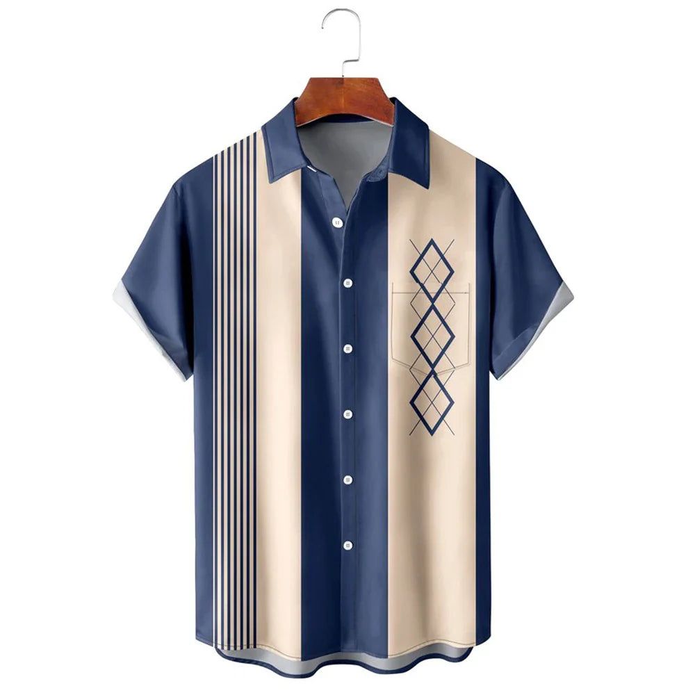 Summer New Short Sleeve Printed Shirt Men's Shirt Collar Casual Fashion Striped Shirt Thin Short Sleeve Shirt Men's