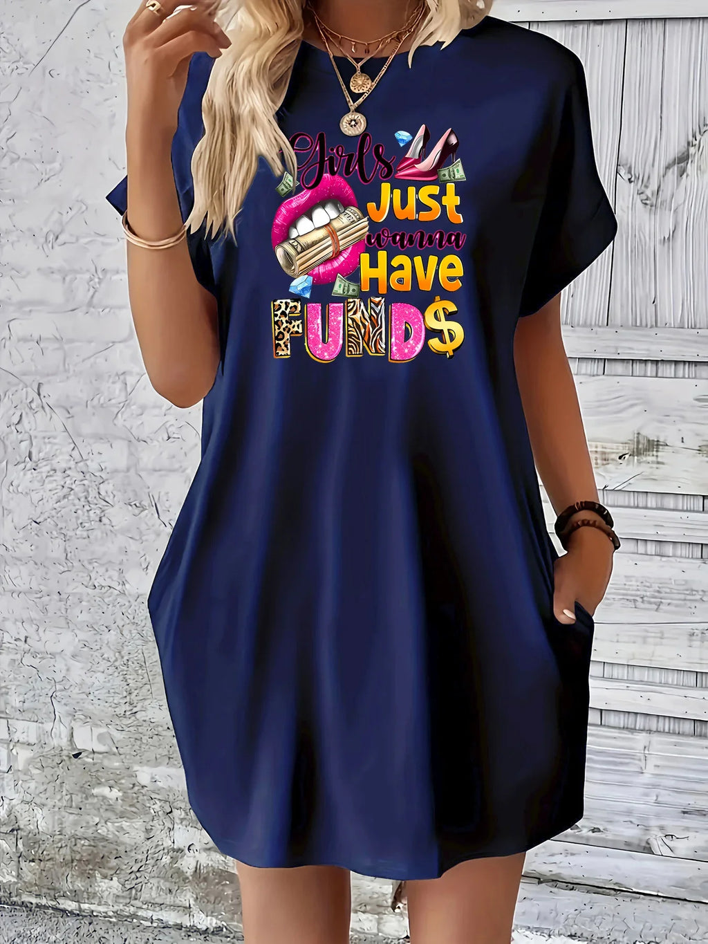 Women's summer lip print high heels pattern print casual loose plus size street wear round neck short sleeved pocket dress