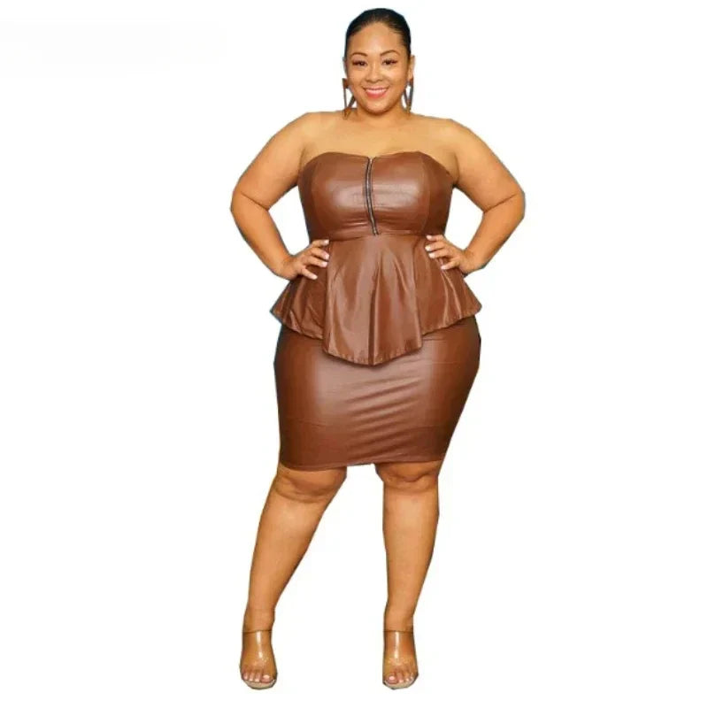 Waterarea Plus Size Elegant Faux Leather Bodycon Midi Skirt Suit  Women Strapless Zipper Fly Ruffles Top Two 2 Piece Set Outfits