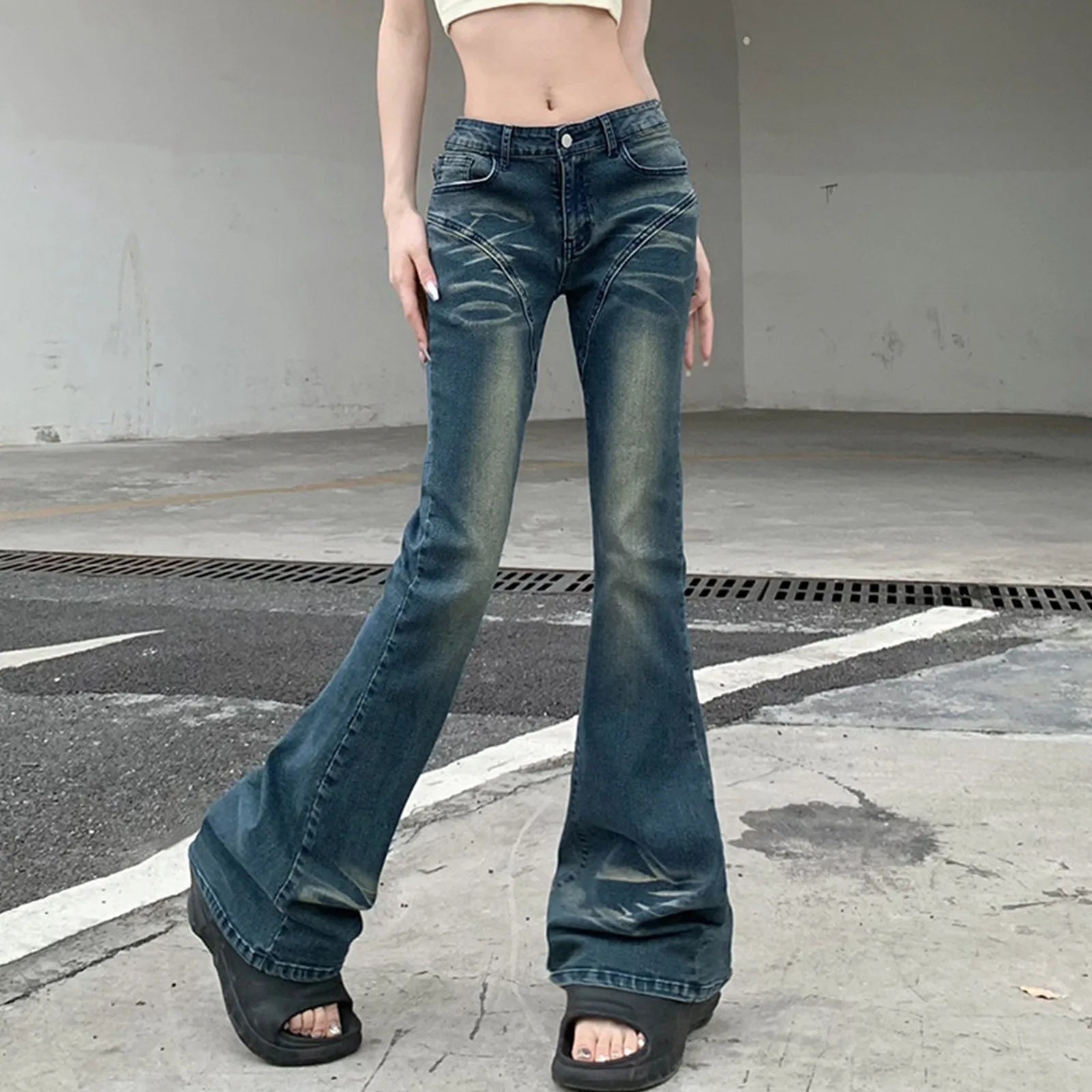 Denim Pants For Women Women'S Low Waist Flared Jeans In Color Blocking For A Slimming Effect джинсы широкие