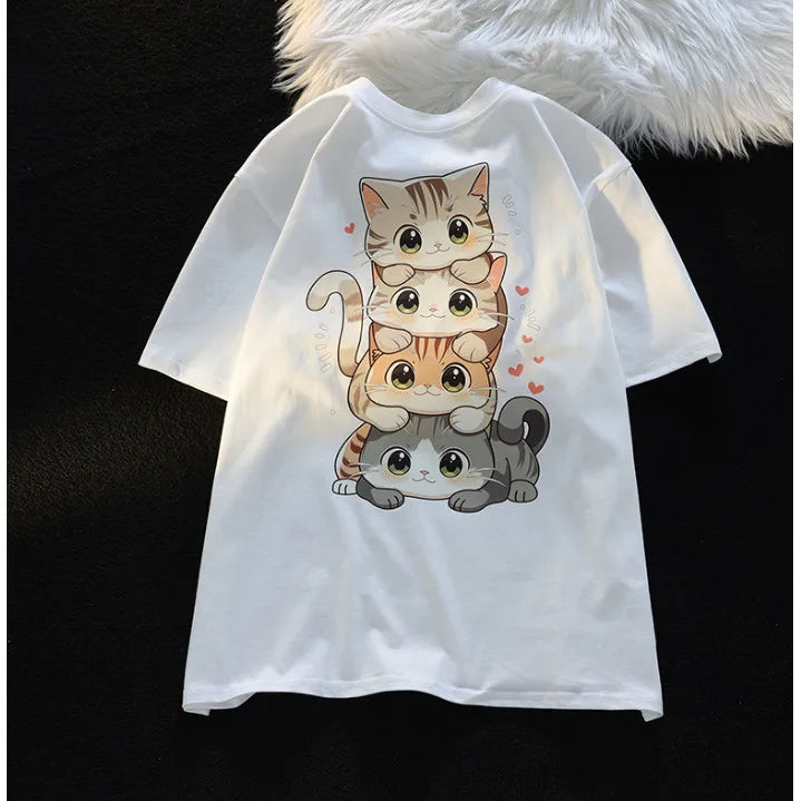 Cute Cartoon Cat Print Women's Round Neck Short Sleeved T-shirt Casual Loose Versatile Summer Tshirt