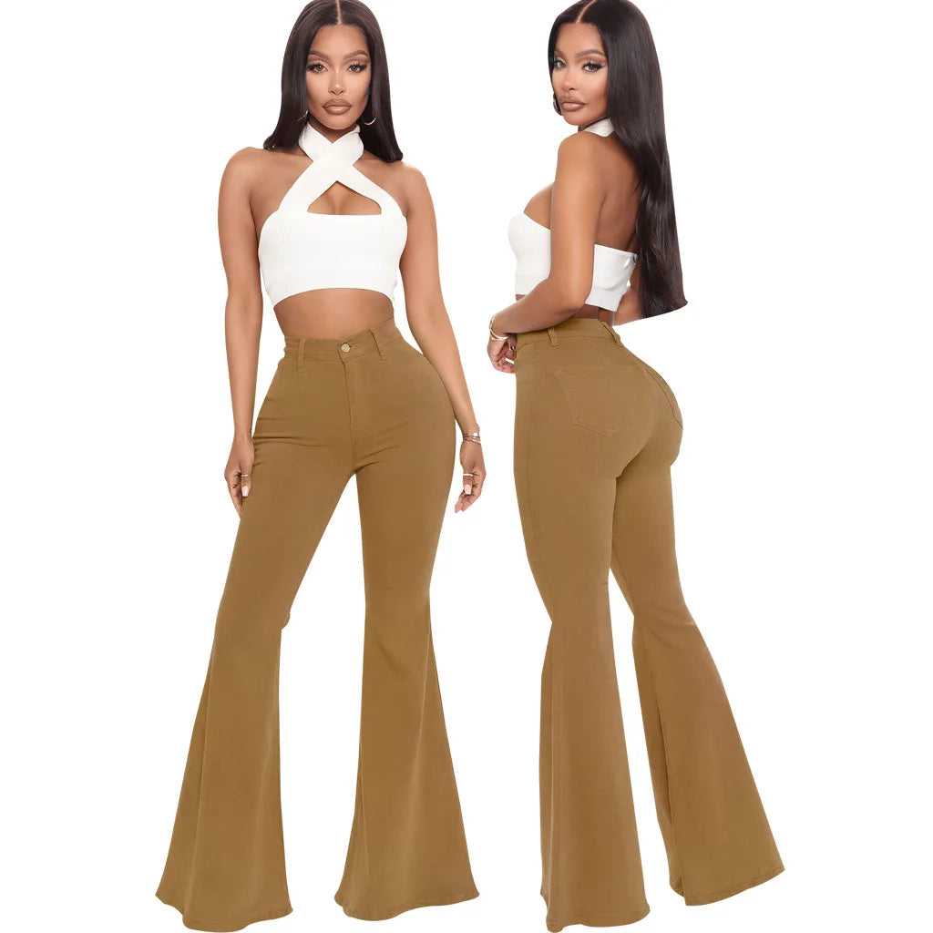 Women Jeans Flare Pants Sexy Denim Long Pant Hip Wrap Casual Solid Elegant Splice Regular Slim Fit High Waist Trousers Summer