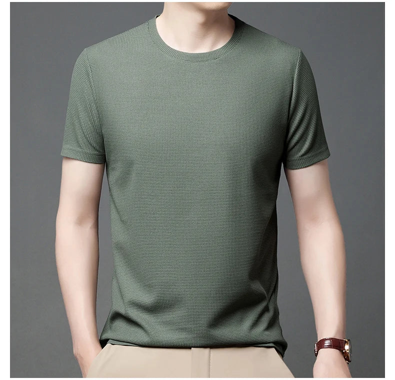 Men's New Summer Waffle round Neck Short Sleeve T-Shirt Comfortable Breathable Short-Sleeved Top for Casual Wear