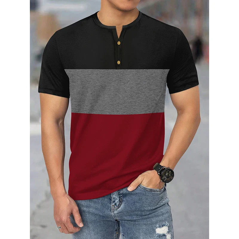Henry Collar T-Shirt Men Summer Casual Short Sleeve Tops 3-color Patchwork Tees Sweatshirt Comfortable Breathable Men's Clothing