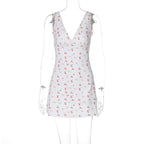 Hugcitar 2024 Cherry Print Straps Backless Draped Sexy Bodycon Mini Dress Summer Women Elegant Clothes Birthday Party Vacation