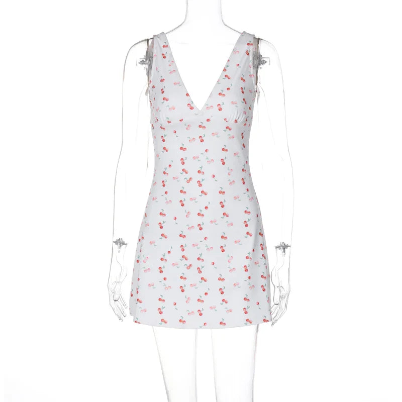 Hugcitar 2024 Cherry Print Straps Backless Draped Sexy Bodycon Mini Dress Summer Women Elegant Clothes Birthday Party Vacation