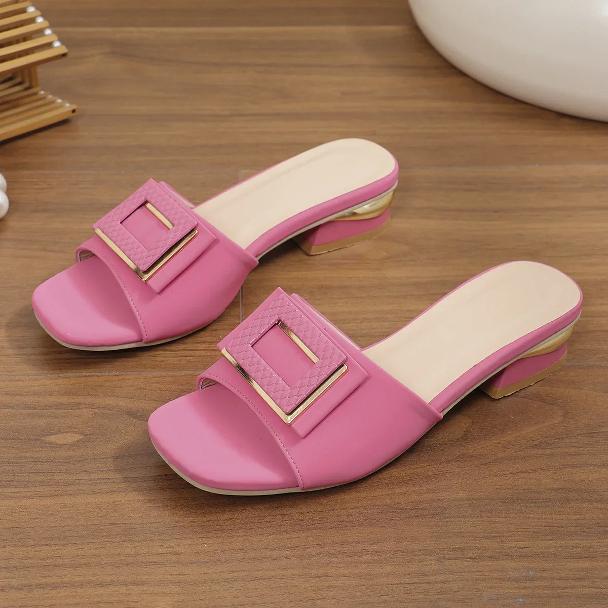 Fashion Women High Heel Slippers Summer Slip on Elegant Low Heel Shoes for Wedding Party Comfortable Non-slip Women's Slippers