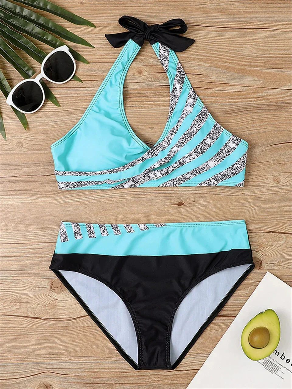 V Neck Bikini Set 2024 Women Stripe Print Patchwork Swimwear Summer Beachwear Swimsuit Female Bathers Bathing Swimming Suit 2XL