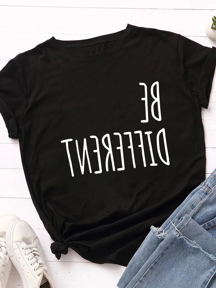Be Different Upside Down Letter Print T Shirt Women Short Sleeve O Neck Loose Tshirt Women Causal Tee Shirt Tops Camisetas Mujer