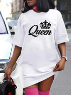 Women's Summer Casual Queen Print Loose Size Round Neck Short Sleeve T-shirt Dress
