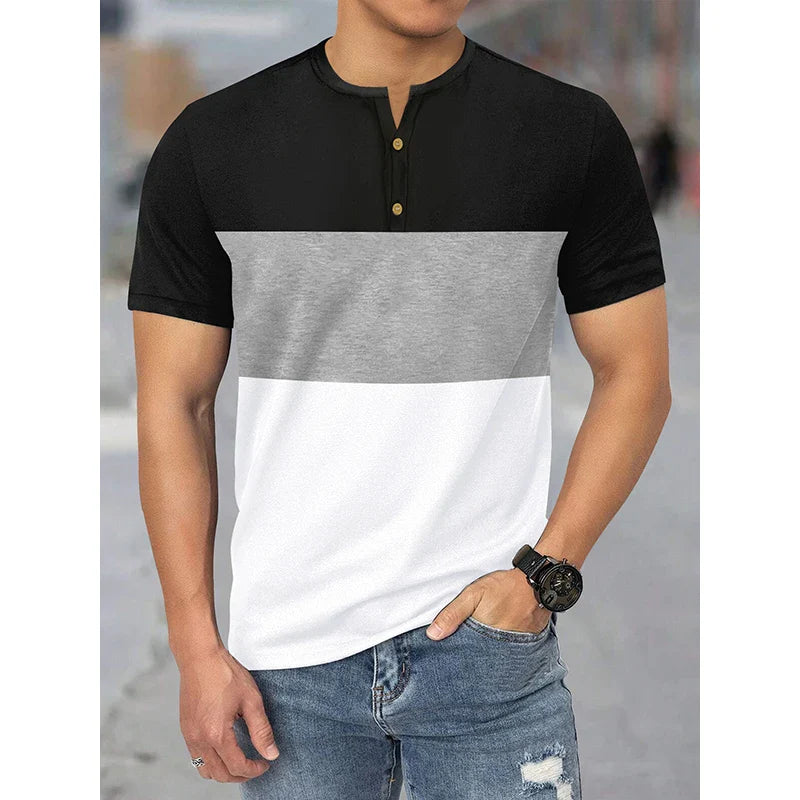 Henry Collar T-Shirt Men Summer Casual Short Sleeve Tops 3-color Patchwork Tees Sweatshirt Comfortable Breathable Men's Clothing