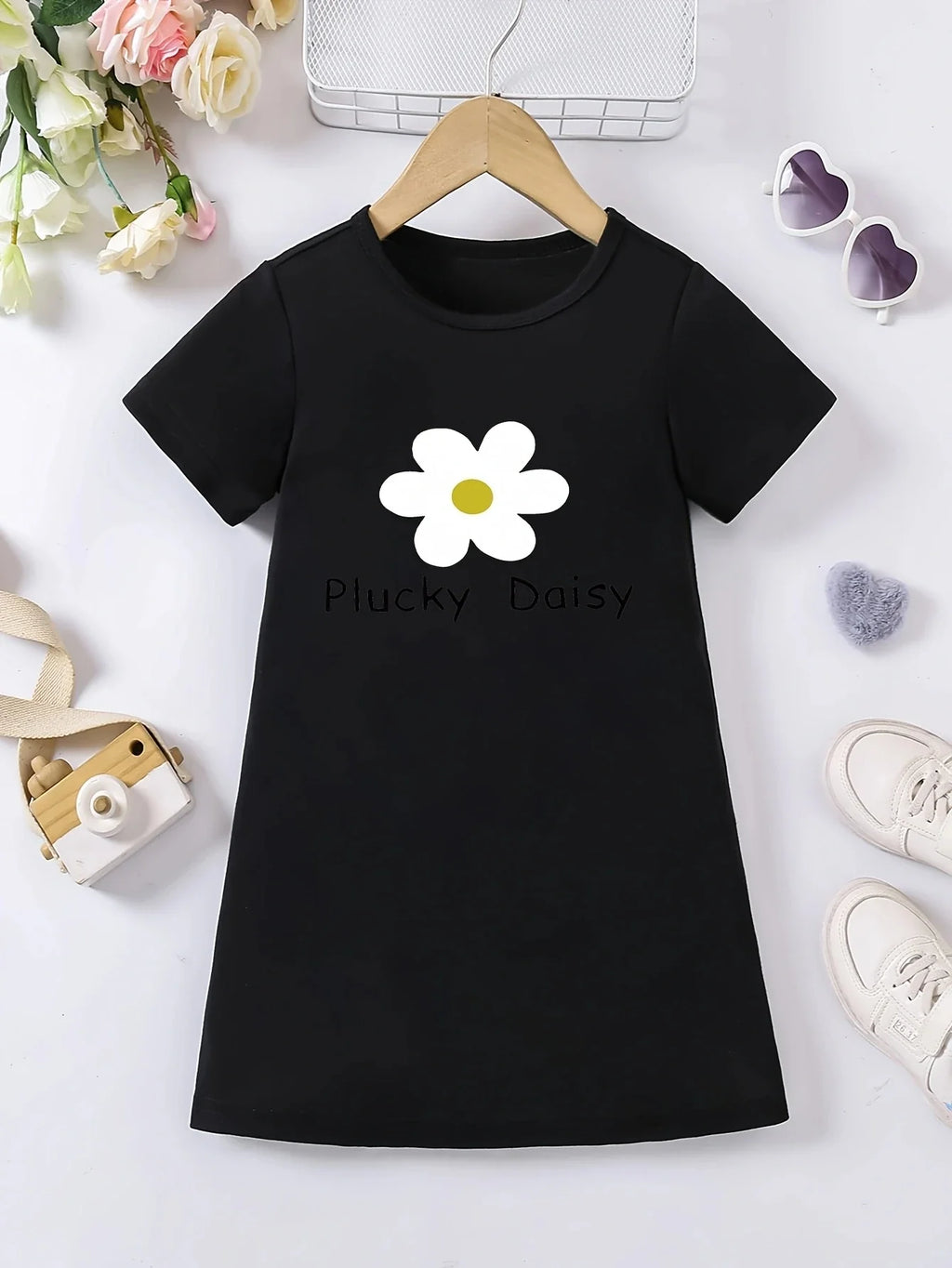 Girls' white floral print dress, comfortable polyester blend, elastic and comfortable