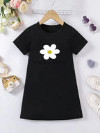 Girls' white floral print dress, comfortable polyester blend, elastic and comfortable