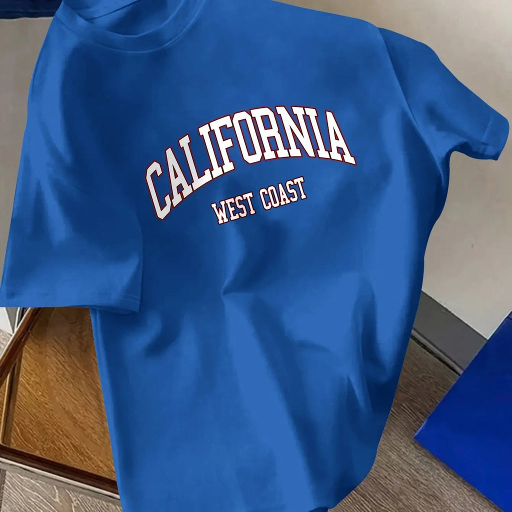 Men's Summer 100% Cotton Fashion California Letter Printed Loose Large Casual Comfortable Round Neck Short Sleeve T-shirt Top