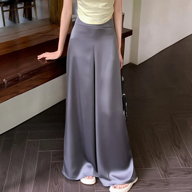High-Grade Acetate Satin Wide-Leg Pants Women Spring Bell-Bottoms Pants Loose Casual Pants High Waist Oversized Long Pantalons