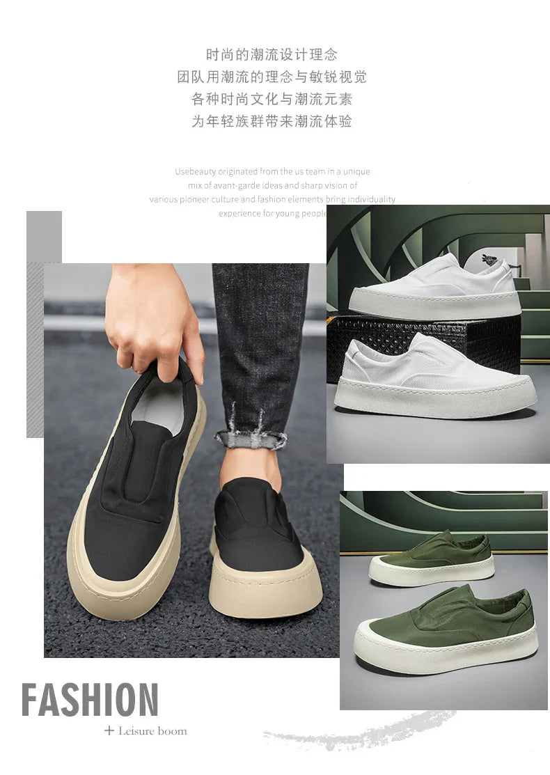Canva Men's Casual Sneakers Summer Breathable Ice Silk Lazy Shoes Work Cloth Shoes Thick Bottom Black Sports Shoes
