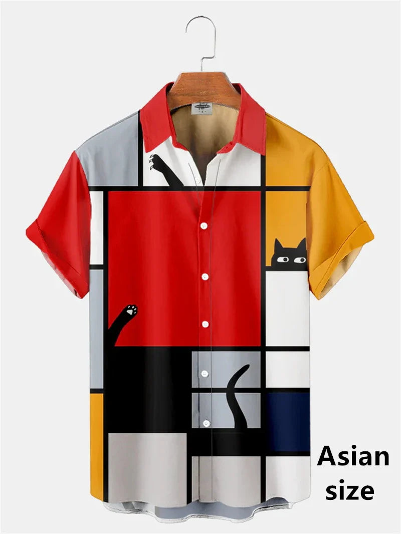 Men Shirts 3d Geometric Art Colorful Abstract Oil Painting Printed Men's Short Sleeve Shirts Fashion Unisex Hawaiian Button Top