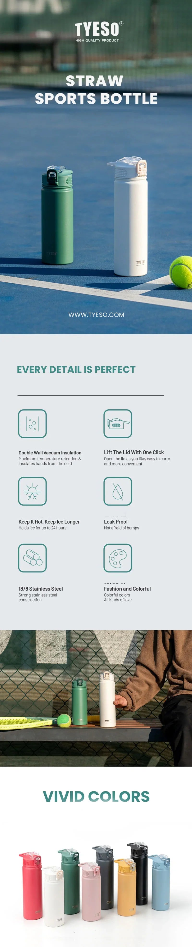 Tyeso 600ML/750ML Stainless Steel Thermos Bottles Car Insulated Cups with Straw Keeps Cold and Heat Portable Sport Thermal Mugs