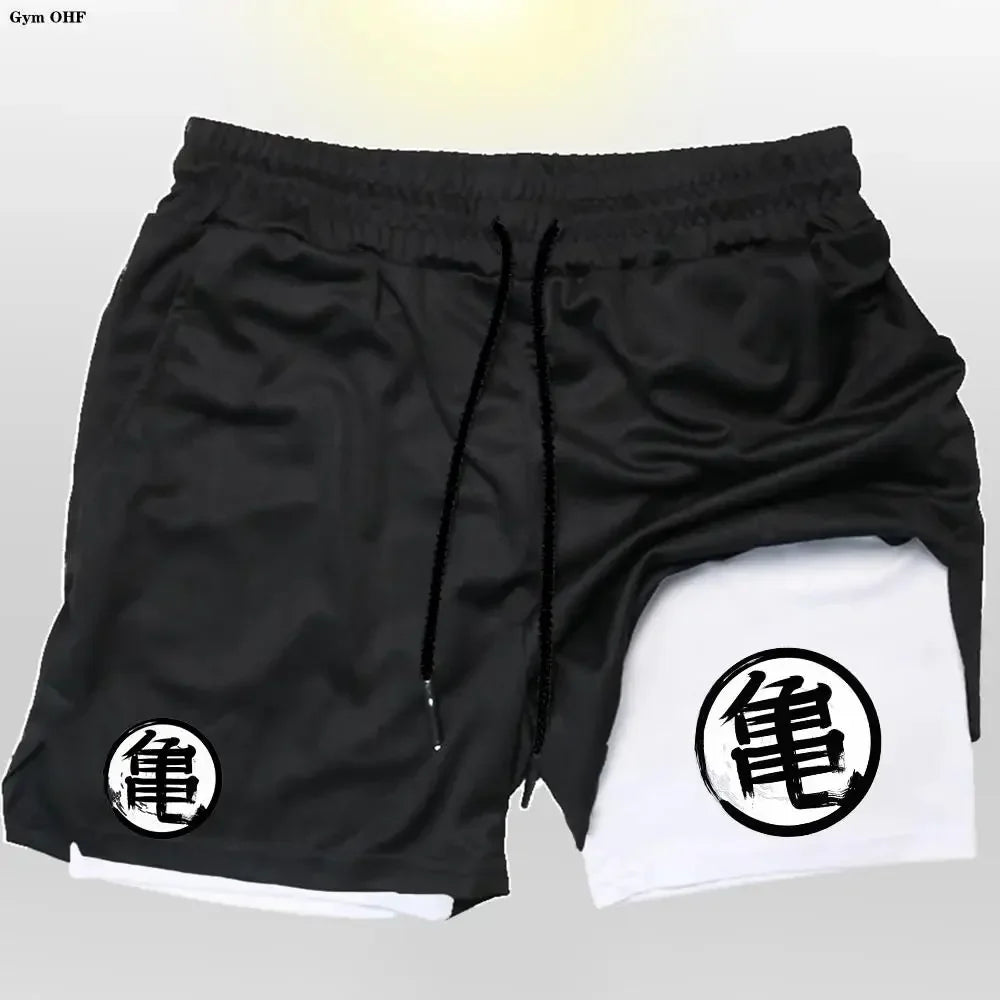 Goku Anime Running Shorts Men Fitness Gym Training 2 in 1 Sports Shorts Quick Dry Workout Jogging Double Deck Shorts