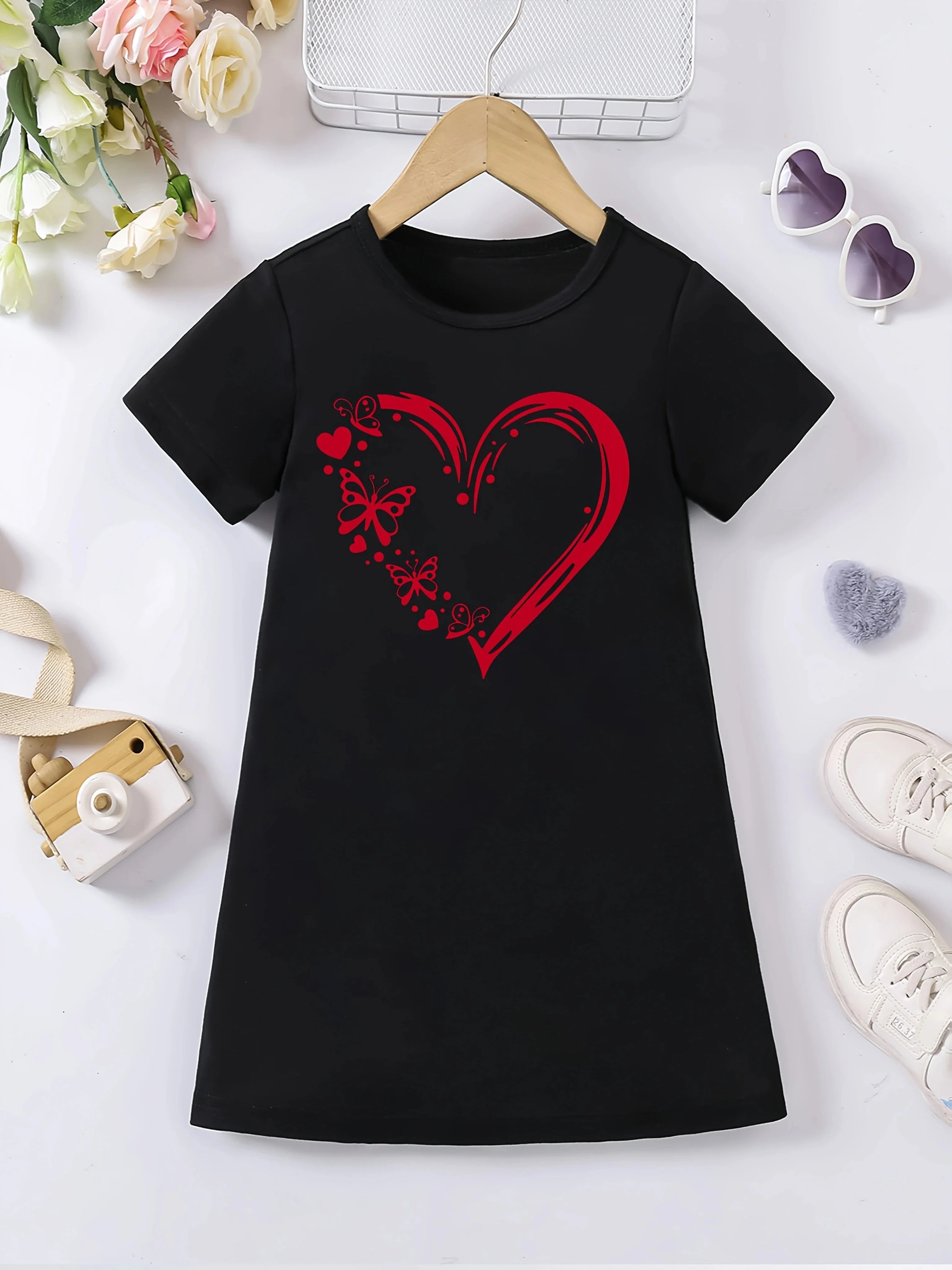 Girl's casual jumpsuit is soft and comfortable, stylish, simple and breathable A-line skirt | Love butterfly print dress