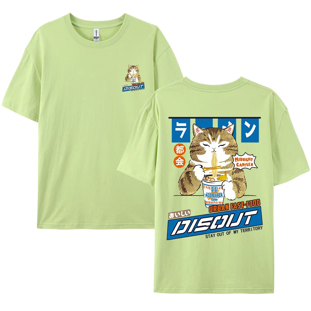 Harajuku Cat Cartoon Eating Noodles Graphic Men Women Tshirts Casual Short Sleeve Tees Japan Style Oversized T Shirt Clothing