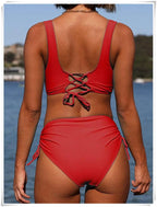 Drawstring High Waist Bikini 2023 Women Solid Swimwear Female Cross Front Swimsuit Padded Beachwear Bather Bathing Swimming Suit