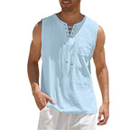 Men's Casual Shirts Leeveless Vest Bandage Lace Up Blouse Retro V Neck Fashion Loose Shirt Male Solid Color Clothes