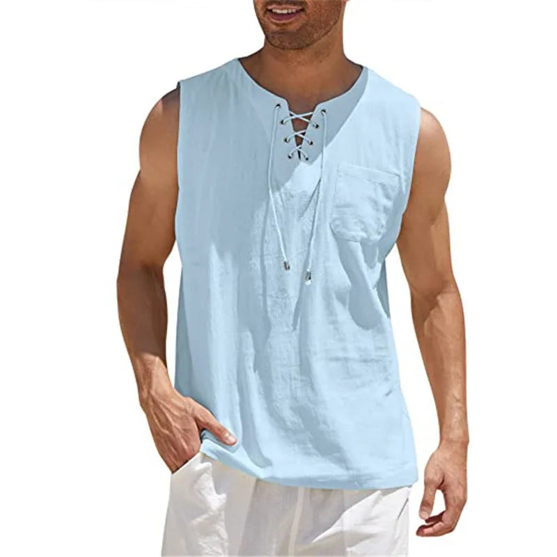 Men's Casual Shirts Leeveless Vest Bandage Lace Up Blouse Retro V Neck Fashion Loose Shirt Male Solid Color Clothes