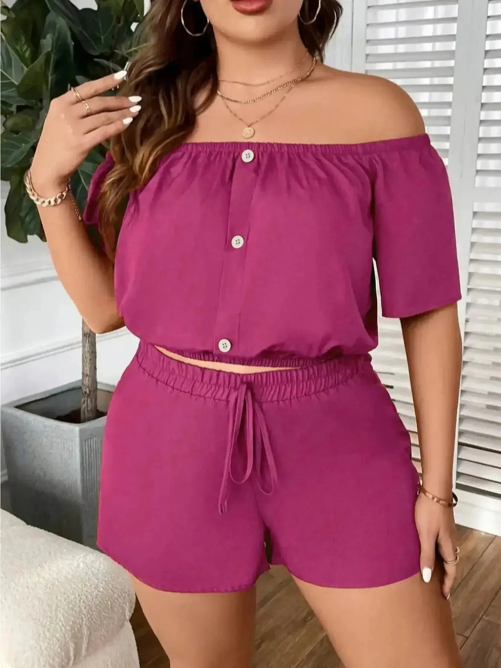 New Plus Size Women's Clothing New Casual One-shoulder Decorative Buckle Solid Colour Loose Short Sleeve Two-piece Set