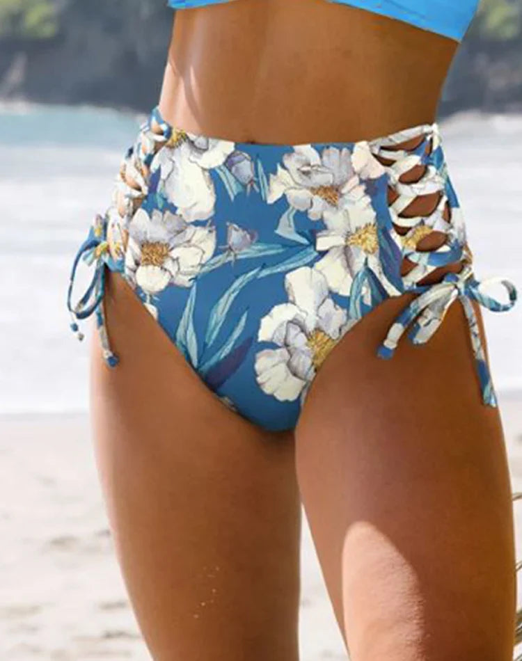 Floral Print V Neck Bikini Sets, Tie Back Tie Side Cut Out High Waist High Cut Two Pieces Swimsuit, Women's Swimwear & Clothing
