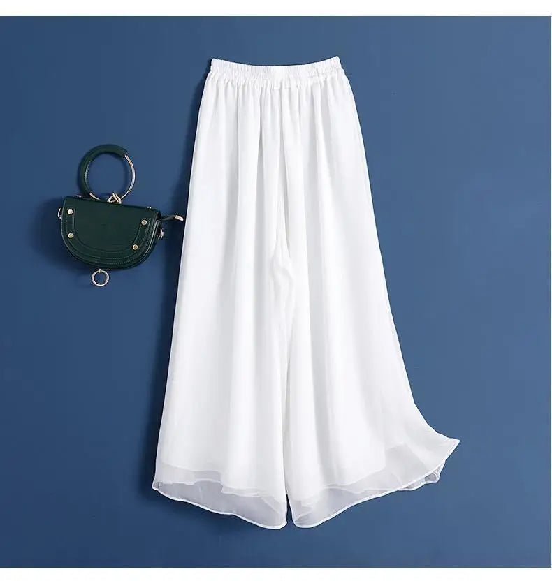 Fashion Woman Casual Chiffon Wide Leg Pants Big Size Loose Solid White Elastic Band High Waist Female Clothing Oversize Trousers