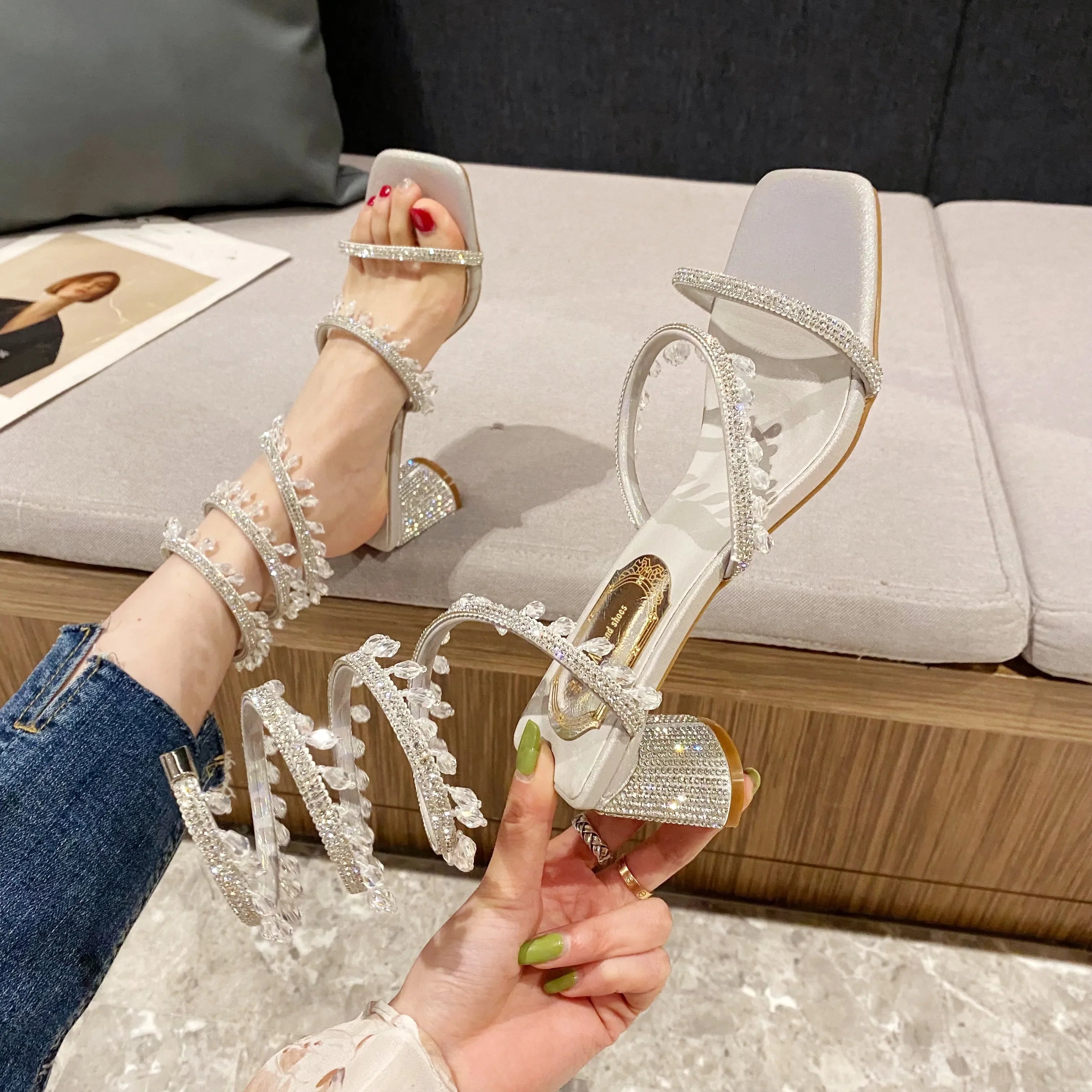 Xibeilove 2024 Summer Luxury Women Sandals Crystal Square Head Gold Rhinestone Snake Pattern High Heels Wedding Party Shoes