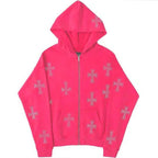 European and American loose top cross hot diamond hoodie women's high street Harajuku retro hip hop zipper Y2K hooded sweatshirt