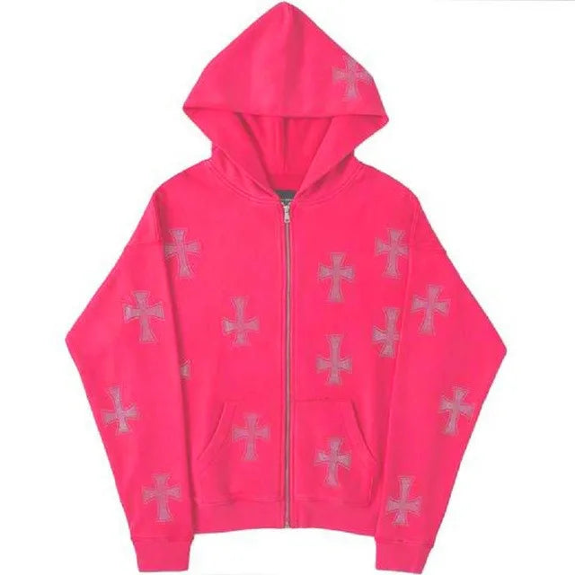 European and American loose top cross hot diamond hoodie women's high street Harajuku retro hip hop zipper Y2K hooded sweatshirt