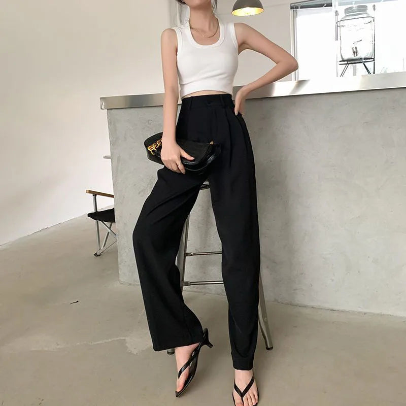 Summer Women's Draped Suit Pants Korean Style High-Waisted Button Casual Pants 2025 New Black White Baggy Office Lady Trousers
