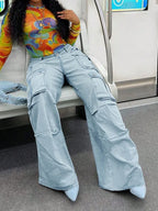 Women Harajuku Y2K Streetwear Jeans American Style Retro Multi-Pocket Straight Cargo Pants Trend Mid-waist Casual Blue Trousers