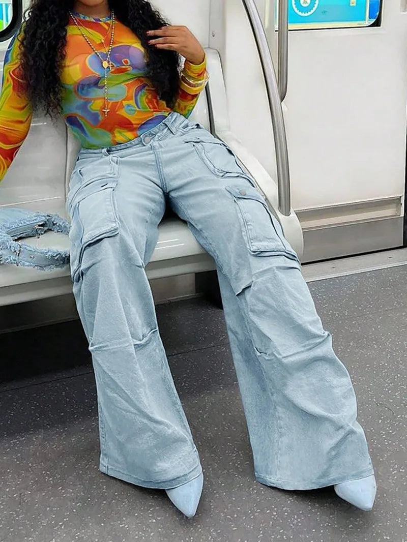 Women Harajuku Y2K Streetwear Jeans American Style Retro Multi-Pocket Straight Cargo Pants Trend Mid-waist Casual Blue Trousers