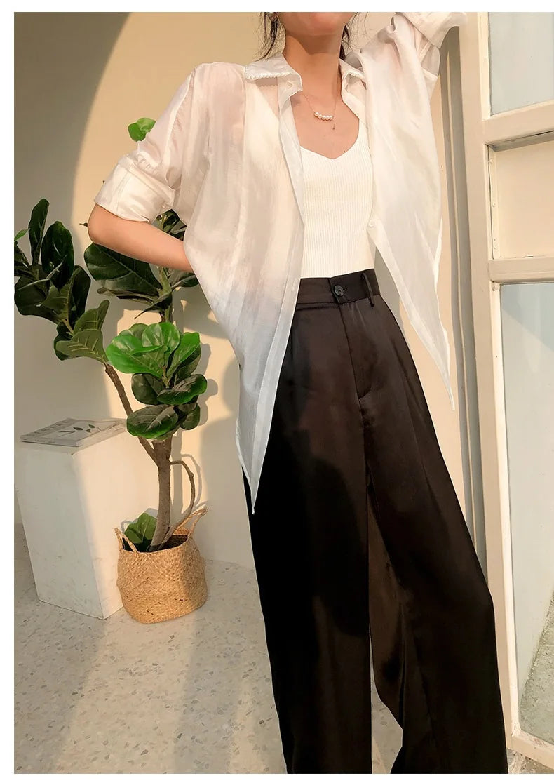 Garemay Summer Autumn Women's Pants Loose Solid Classic Black Straight High Waist Casual Silk Satin Wide Leg Trousers for Women