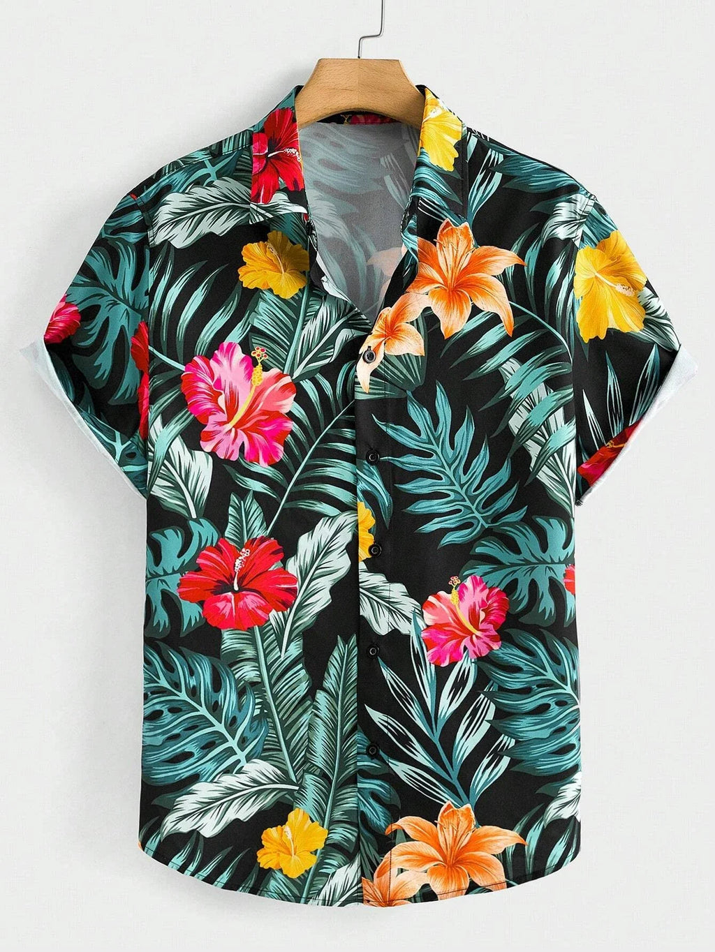 Hawaiian Botanical Flower Print Men's and Women's Short Sleeve Lapel Shirt Seaside Button-Down Shirt Top