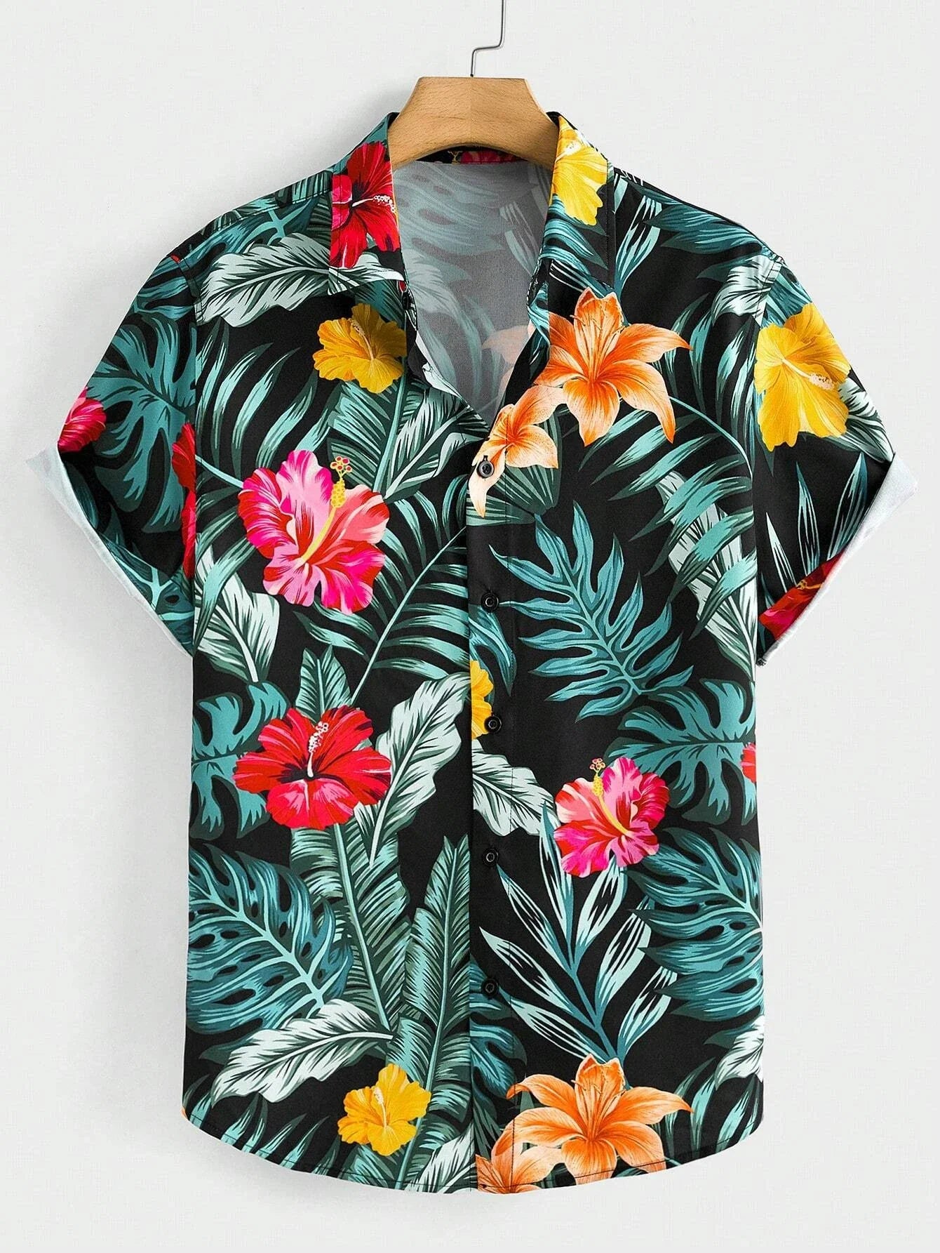 Hawaiian Botanical Flower Print Men's and Women's Short Sleeve Lapel Shirt Seaside Button-Down Shirt Top