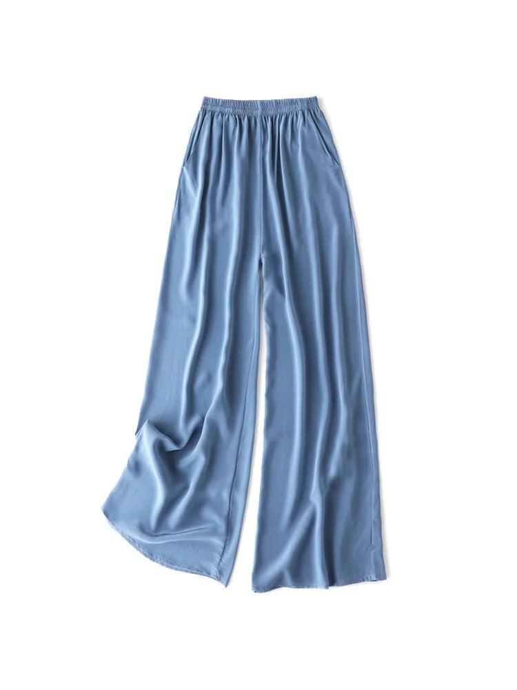SuyaDream Women Wide Leg Pants 100%Real Silk Solid Elastic Waisted Ankle-length 2024 Office Spring Autumn Chic Trousers Black
